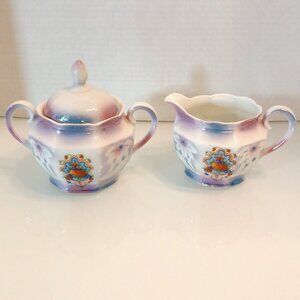 Antique Lusterware Cream & Sugar Set Colorful Opalescent Floral Design Germany